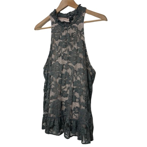 EXPRESS | Olive Green Lace Ruffle High Neck Sleeveless Peplum Blouse | Size L - Picture 4 of 10